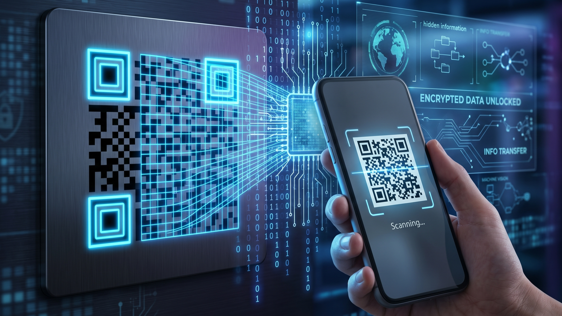 Smartphone scanning a QR code with digital binary data, glowing scan lines, and futuristic technology visuals showing how QR code technology works