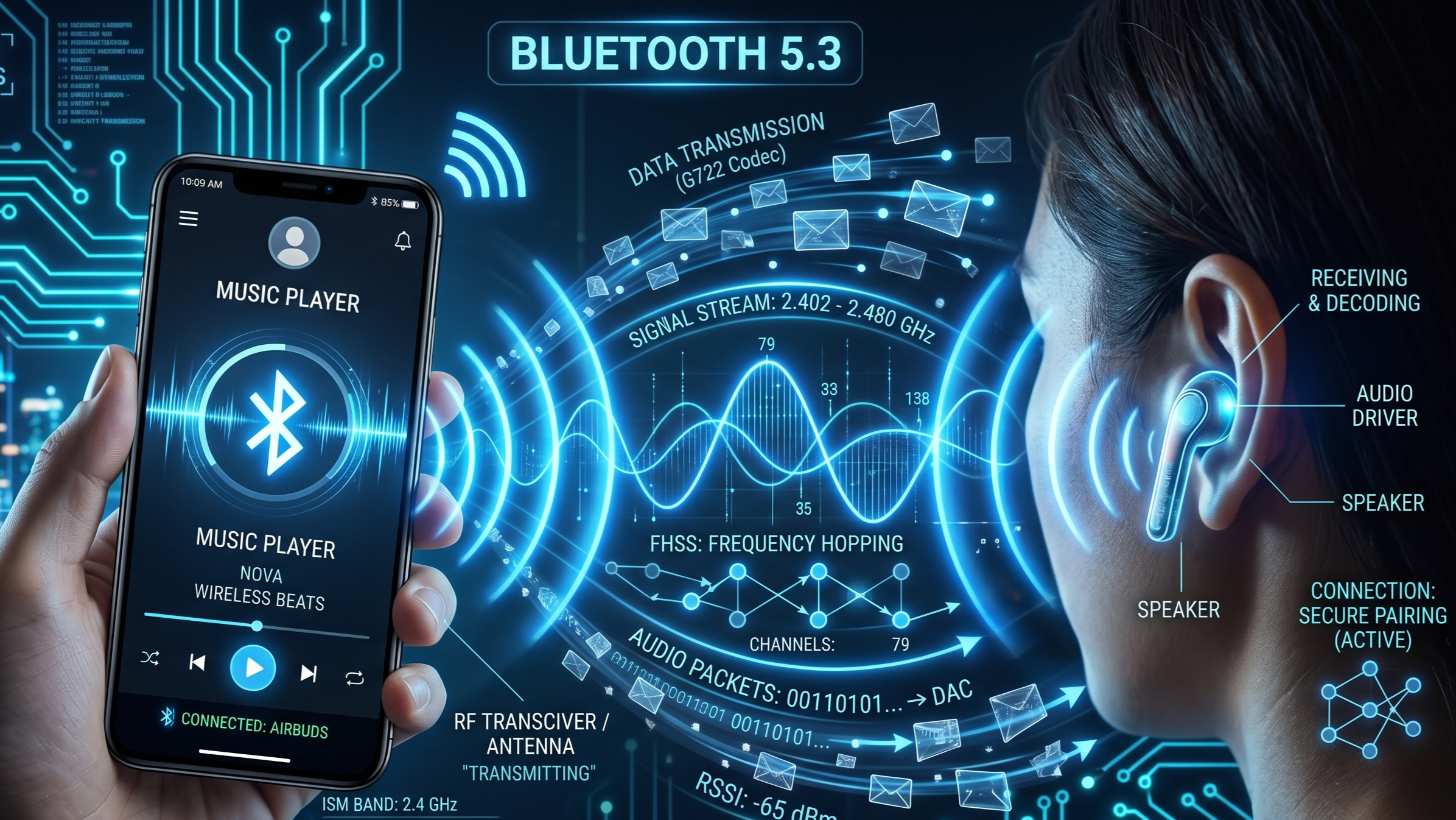 Futuristic illustration of Bluetooth wireless signals connecting a smartphone to wireless earbuds through invisible radio waves, pairing technology, and digital data transmission.