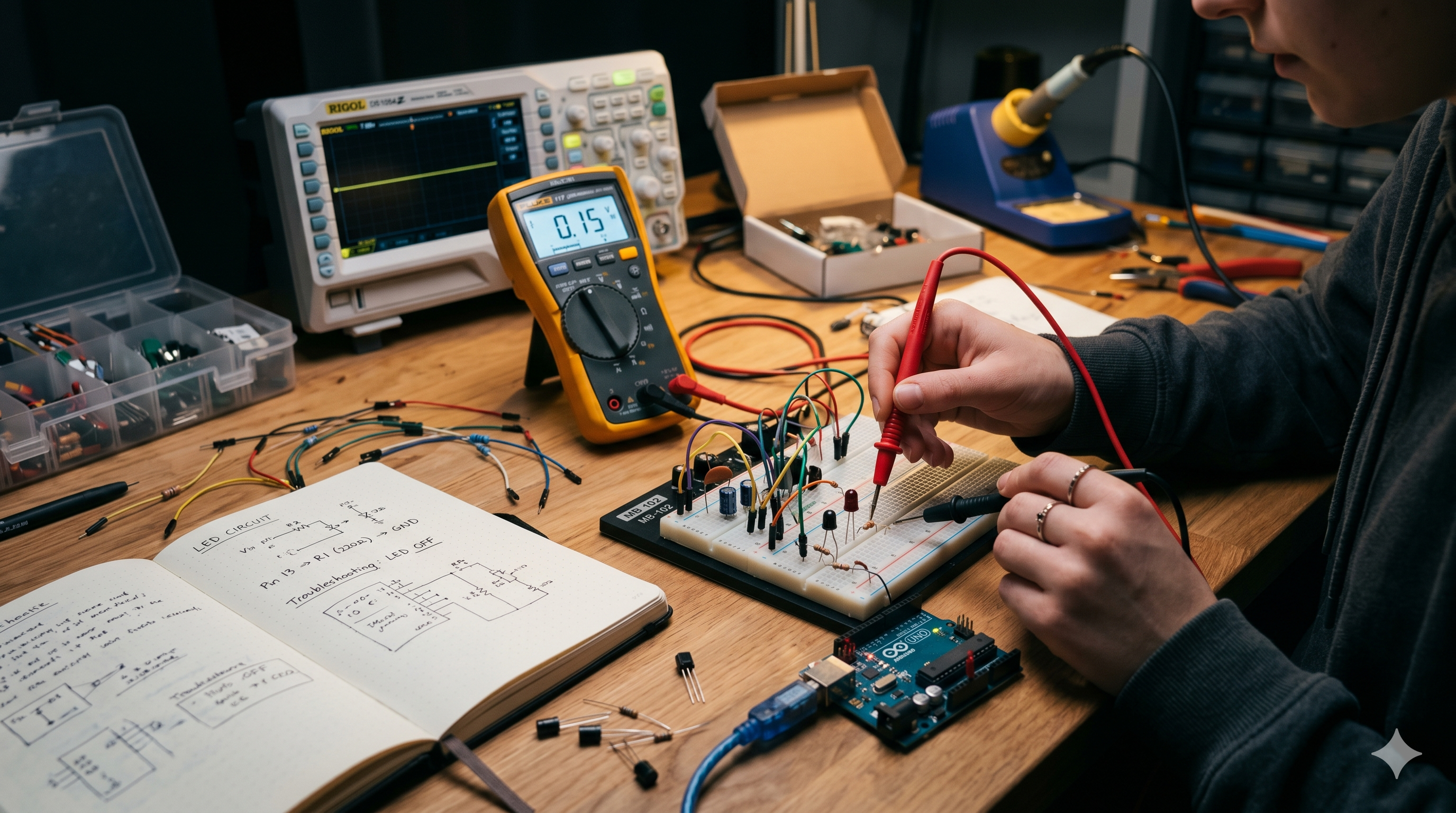 Beginner troubleshooting a breadboard circuit using a multimeter
