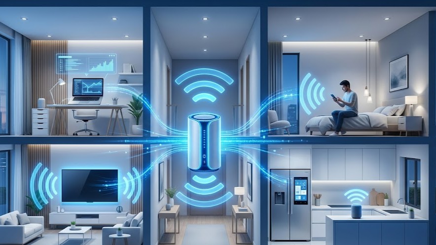 Wi-Fi router sending wireless internet signals through walls to phones, laptops, and smart devices inside a modern home