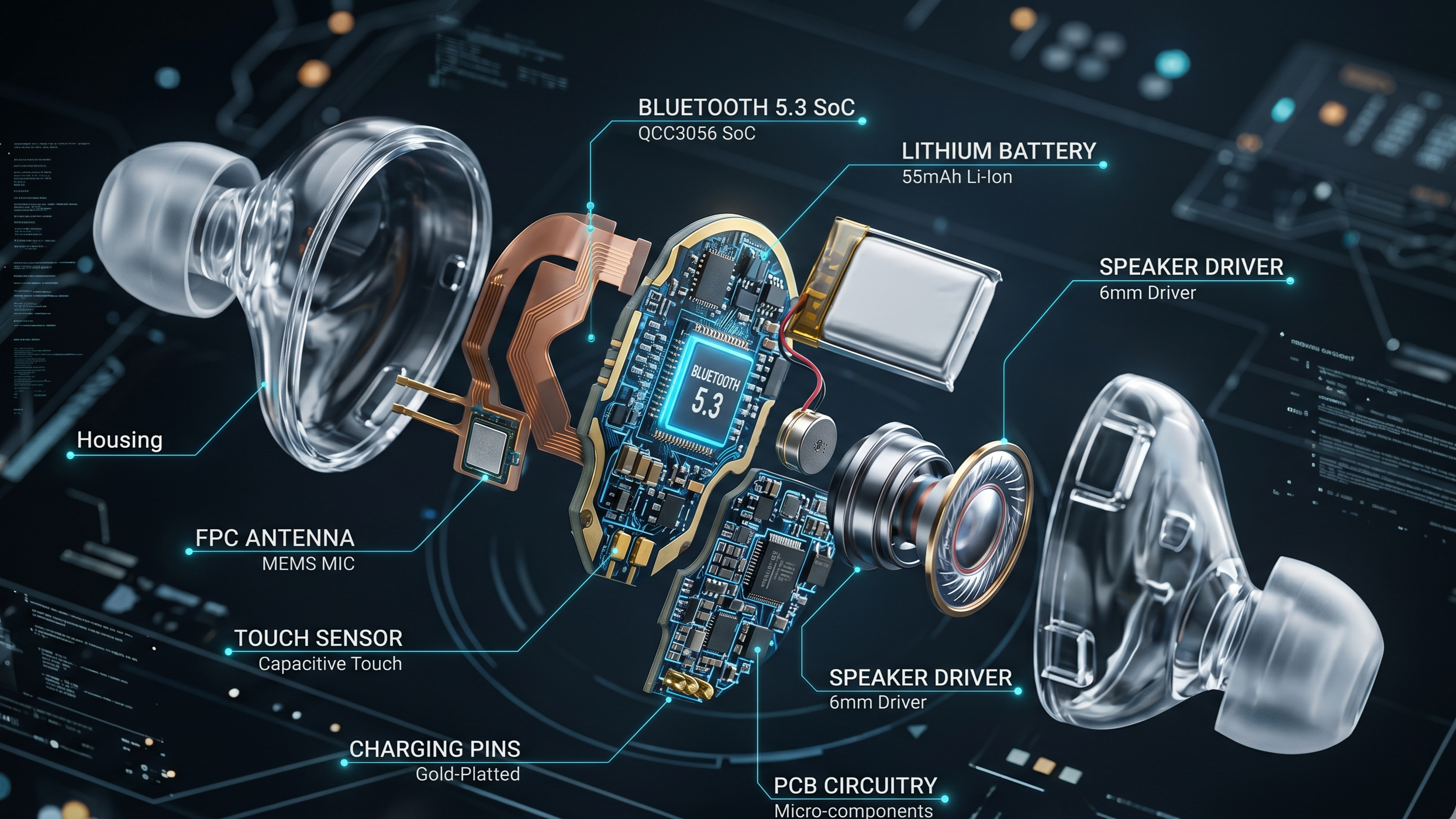 Transparent wireless earbud showing internal Bluetooth chip, battery, microphones, speaker driver, and charging components in detailed exploded view